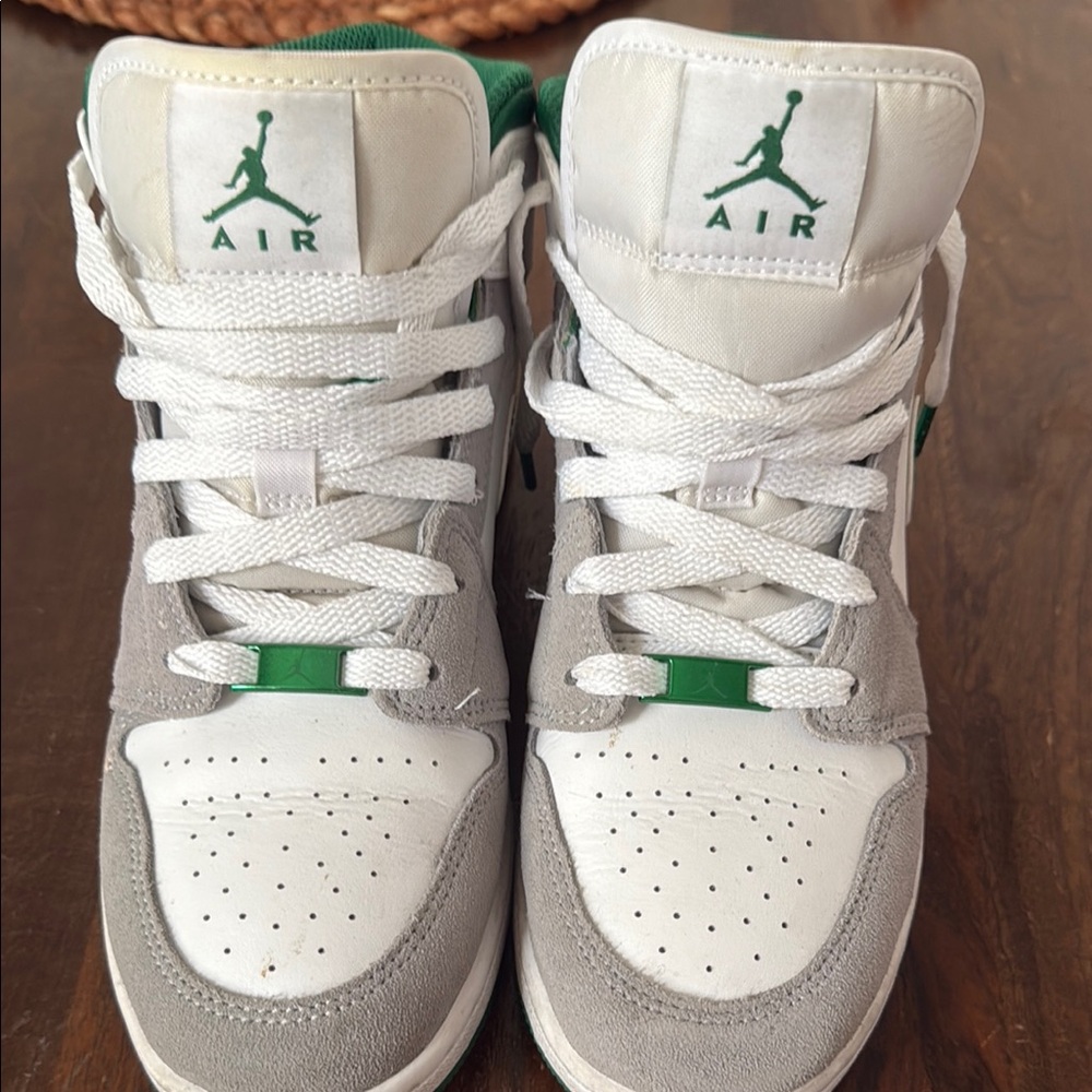 Nike Air High-Tops in White and Gray with Green Accents